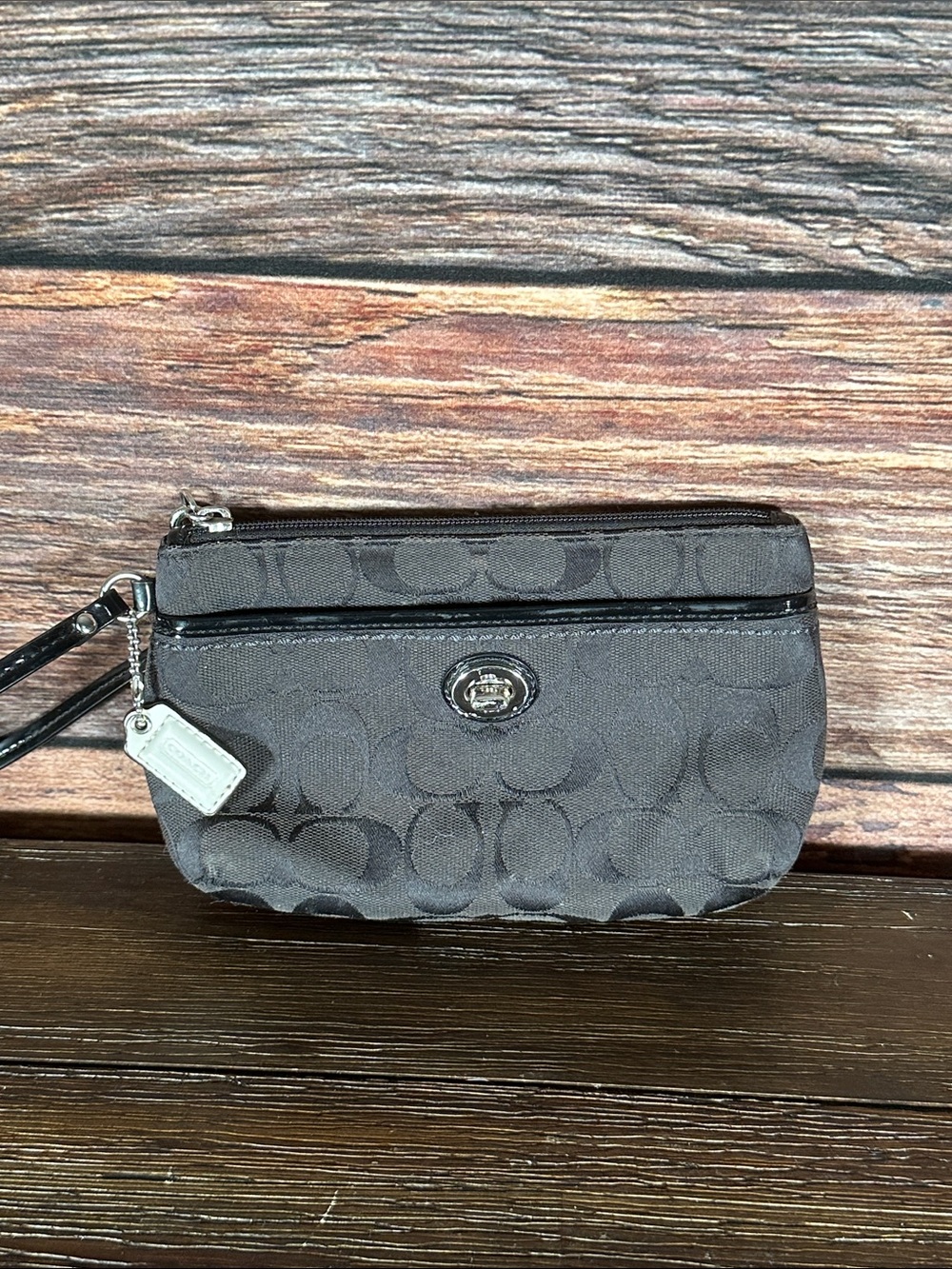 Coach Black Signature Wristlet Pouch with Turnlock front pouch